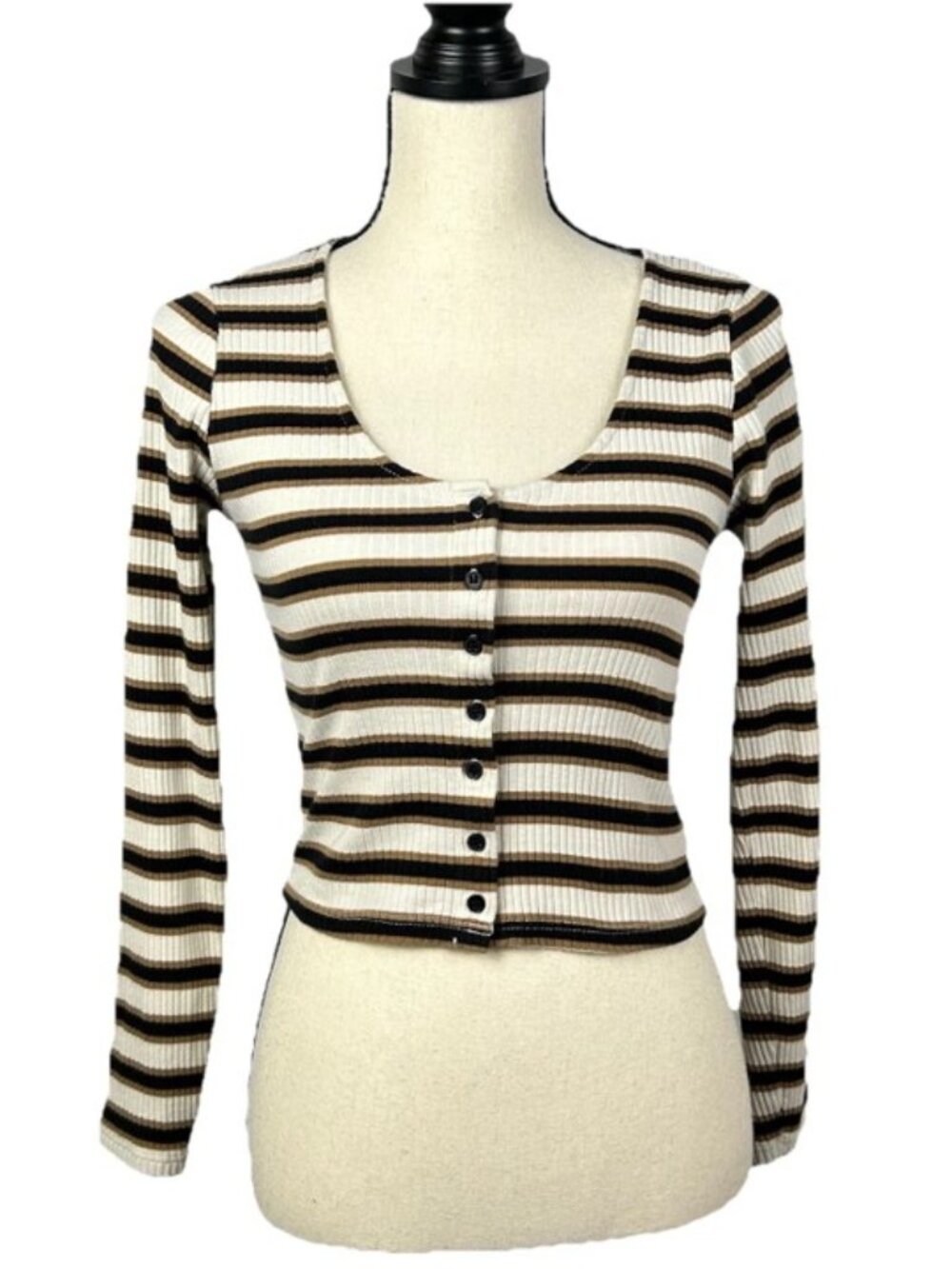 Women’s Ribbed Knit Striped Crop Top Sz 8 Fitted Stretch Casual Tee Y2K Style